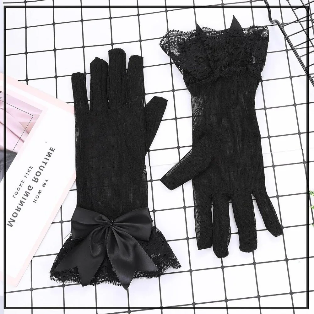 Women's Evening Black Short Bow Lace Gloves Mitten Party Costume Accessories